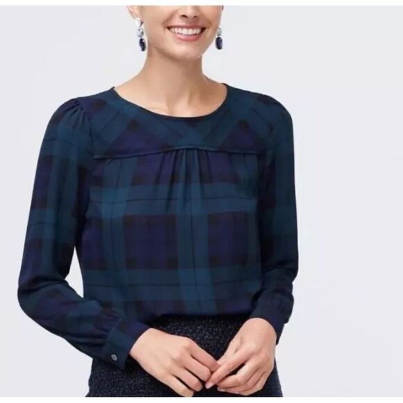 J.Crew Top Womens Size Small Peasant Plaid Print Blouse Chiffon sheer round Neck - Picture 1 of 12